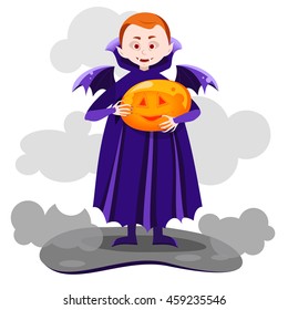 the boy vampire with wings,holding a pumpkin in hands, smiling pumpkin glowing, Vector design for app user interface,vector illustration