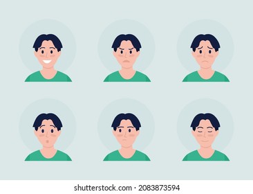 Niño con varias emociones de color semiplano vectorial conjunto de avatares. Estilo casual. Retrato desde la vista frontal. Ilustración de estilo de dibujos animados modernos aislados para el diseño gráfico y el paquete de animación