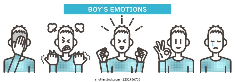 Boy in various poses and expressions expressing various emotions [Vector illustration].