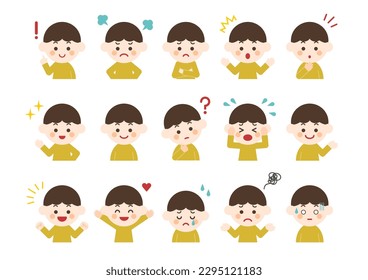 Boy in various poses and facial expressions. Vector illustration. Different emotions icon set. White background. 