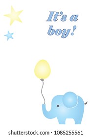 its a boy vector card with blue elephant holding a balloon