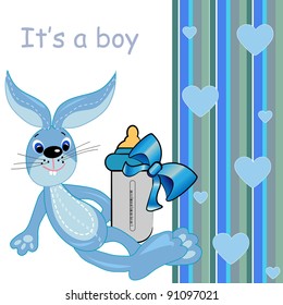 it's a boy vector card. cartoon cute blue bunny toy and bow illustration for newly born baby