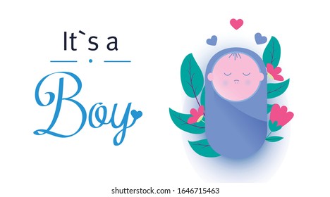 Its Boy Vector greeting card. Violet, blue color. This is an inscription for boys. White background
