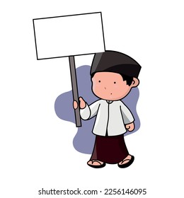 boy vector holding a space text sign, wearing songkok and saroong in a white background, celebrate for milad un nabi