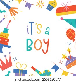 Its a boy vector illustration, colorful flat cartoon style, baby boy greeting card balloons, gifts, cake, festive elements. Baby shower, gender reveal or birth celebration, isolated colored clipart