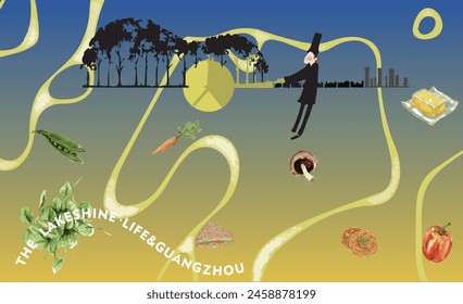 Boy, vector map of fruits and vegetables, bird lines, pizza