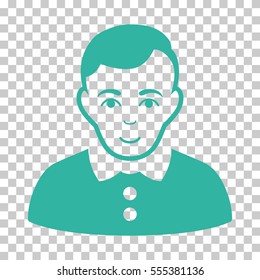 Boy vector pictograph. Illustration style is flat iconic cyan symbol on a chess transparent background.