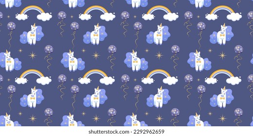 It's a boy vector print. Blue, violet and yellow set with unicorn, rainbow, helium ballons and stars. Baby shower vector pattern for fabric, textile, wrapping paper, cards ets. Newborn illustration. 
