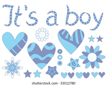 It's a boy - vector text, hearts, stars and flowers