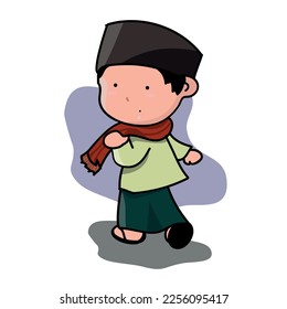 boy vector walking with songkok and saroong in white background celebrate eid al adha