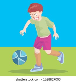 boy very funny play soccer on the green field cartoon vector