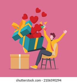 El chico es muy feliz porque recibe una caja de regalo con muchos amores o corazones. Amor en febrero. Ilustración vectorial colorida.