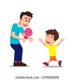 Boy was very happy because his father gave him a lollipop