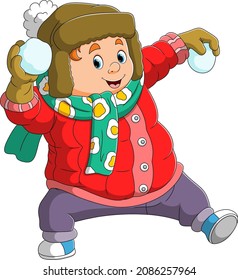 The boy is very happy playing snowball of illustration
