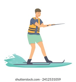 Boy in vest water skiing icon cartoon vector. Ski gliding. Surfer active swim