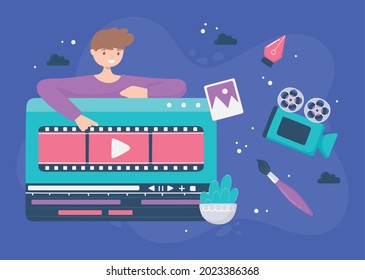 boy with video editing screen cartoon