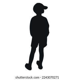 Boy view from back silhouette. Black shadow male child stands and looks into distance. Kid in cap keeps his hands in his pockets isolated vector illustration