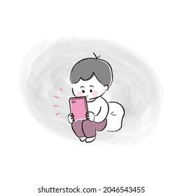 A boy viewing smartphone alone in the dark.