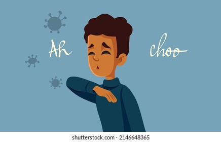 
Boy with Viral Infection Sneezing in her Elbow Vector Cartoon. Young guy being sick and contagious spreading disease

