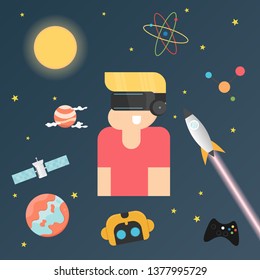 Boy with Virtual reality headset. Virtual reality for education and games. Flat design vector illustration.