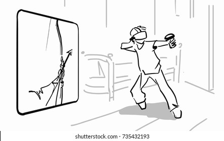 The boy with virtual reality headset glasses on his head is playing video game in his room. Gamer and screen black and white vector sketch. Simple drawing at white background.