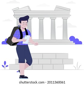 boy visiting at Athens concept flat design illustration, Athens, a boy with travel bag holding mobile