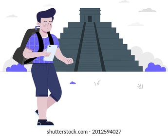 boy visiting at Ciudad de Mexico concept flat design illustration, Ciudad de Mexico, boy with travel bag holding mobile