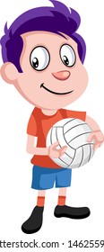 Boy with volleyball, illustration, vector on white background.