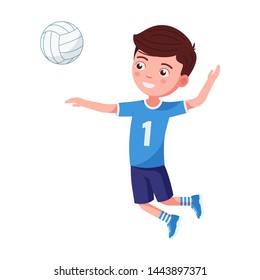 Boy volleyball player hit the ball in a jump. Small child in a volleyball uniform in a jump waving his arm to hit the ball. Vector illustration isolated on white, flat style.