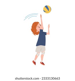 Un jugador de voleibol levantó las manos para golpear la pelota. Un niño feliz juega al deporte, al campeonato o al entrenamiento. Dibujo vectorial aislado de un lindo personaje de dibujos animados.