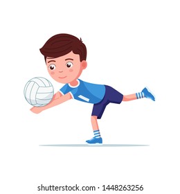 El futbolista deportivo juega con el balón. Un niño pequeño le gana al voleibol en una posición interesante. Ilustración vectorial aislada en blanco, de estilo plano.