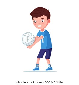 Boy volleyball player takes the ball. A young child in sportswear is playing volleyball. Vector illustration isolated on white, flat style.