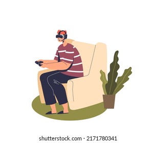Boy in vr glasses gaming. Young man wearing virtual reality headset play video games using augmented reality interface and controller at home. Cartoon flat vector illustration