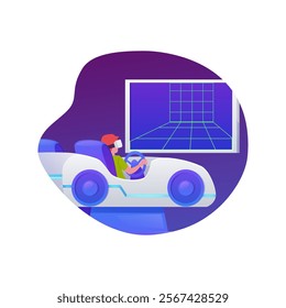 Boy in VR glasses playing in Virtual reality videogames attraction. Simulation driver experience sitting in a car. Cartoon augmented reality entertainment. Vector flat illustration in decorative frame