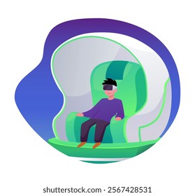 Boy in VR glasses playing in Virtual reality videogames attraction. Simulation experience sitting on moving seat. Cartoon augmented reality entertainment. Vector flat illustration in decorative frame