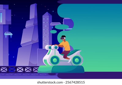 Boy in VR glasses sitting in car playing in Virtual reality videogames attraction on futuristic cityscape. Driver simulation. Cartoon augmented reality entertainment. Vector flat illustration