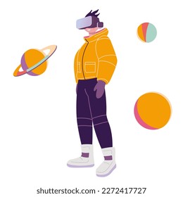 Boy in VR glasses and Space suit with planets, cartoon style. Concept of virtual reality technology, metaverse. Trendy modern vector illustration isolated on white background, hand drawn, flat design