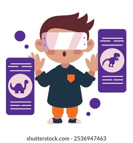 boy with vr glasses studying a dino isolated