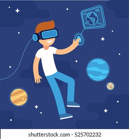 Boy With VR Headset In Space. Virtual Reality For Education And Games. Flat Cartoon Vector Illustration.