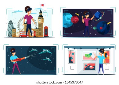 Boy in VR helmet flat vector illustrations set. Happy teenager in futuristic headset cartoon character. Virtual reality recreation. Kid exploring space, playing video game, visiting gallery and London