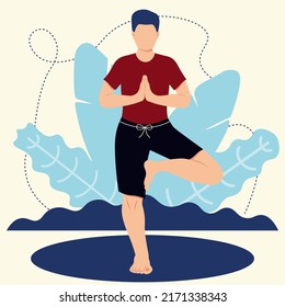 Niño En Vrikshasana Pose Ilustración De Vector De Concepto En Estilo Plano