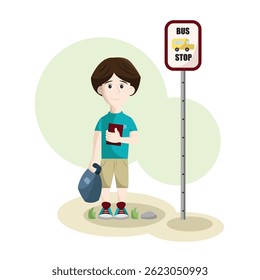 Boy waiting at bus stop. Vector illustration