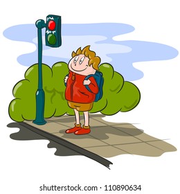 The boy waiting to cross the road