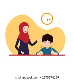boy waiting for iftar time break fasting with his mother wearing hijab. family ramadan activity illustration concept vector design.