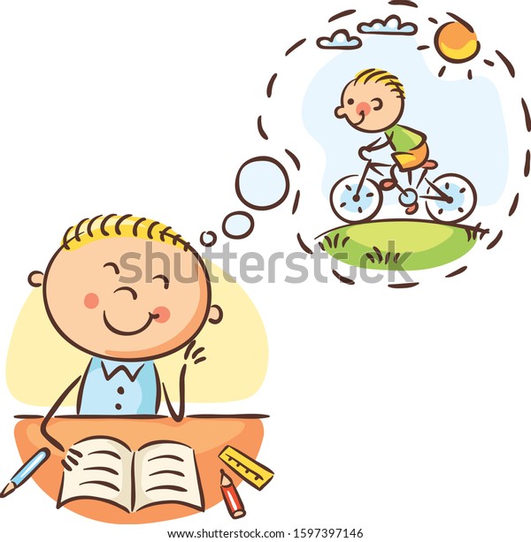 Boy is waiting till the lesson is over and he can ride a bike, colorful illustration