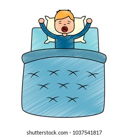 boy wake up with blanket and pillow vector illustration drawing image design