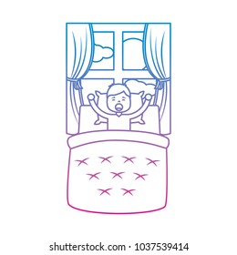 boy wake up with blanket and pillow with window morning vector illustration