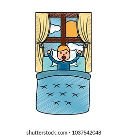 boy wake up with blanket and pillow with window morning vector illustration drawing image design
