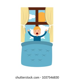 boy wake up with blanket and pillow with window morning vector illustration