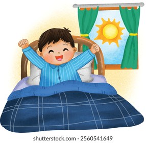 Boy wake up sleep at a morning watercolor illustration